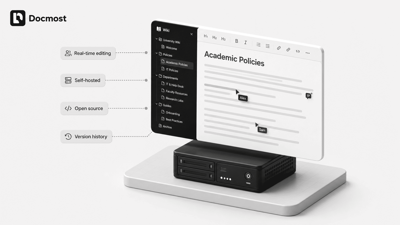 Monochrome isometric illustration of a self-hosted collaborative wiki editor on a server, highlighting real-time editing, version history, open-source flexibility, and full data ownership.