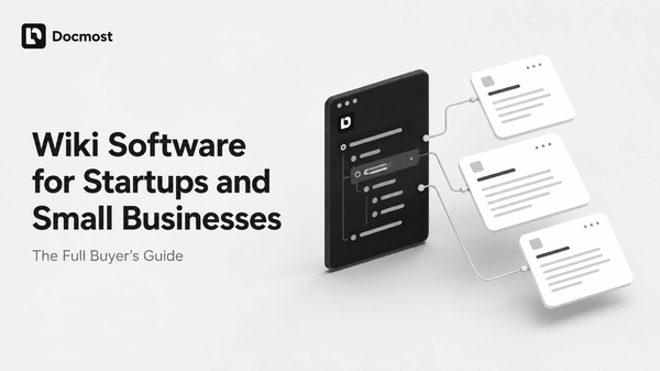 3D isometric illustration of a startup wiki workspace with linked document pages and a structured page tree, representing wiki software for startups and small businesses.